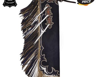 Met de hand bewerkte zwarte leren rodeochaps met gouden franje - Custom Western Bull Riding Gear