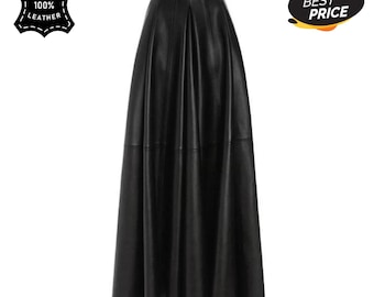 Women’s Black Leather Maxi Skirt High Waist Long Flared A-Line Handmade Skirt