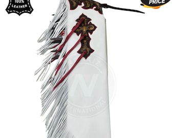 Handmade White Leather Rodeo Chaps  Western Fringe, Tooled Yoke