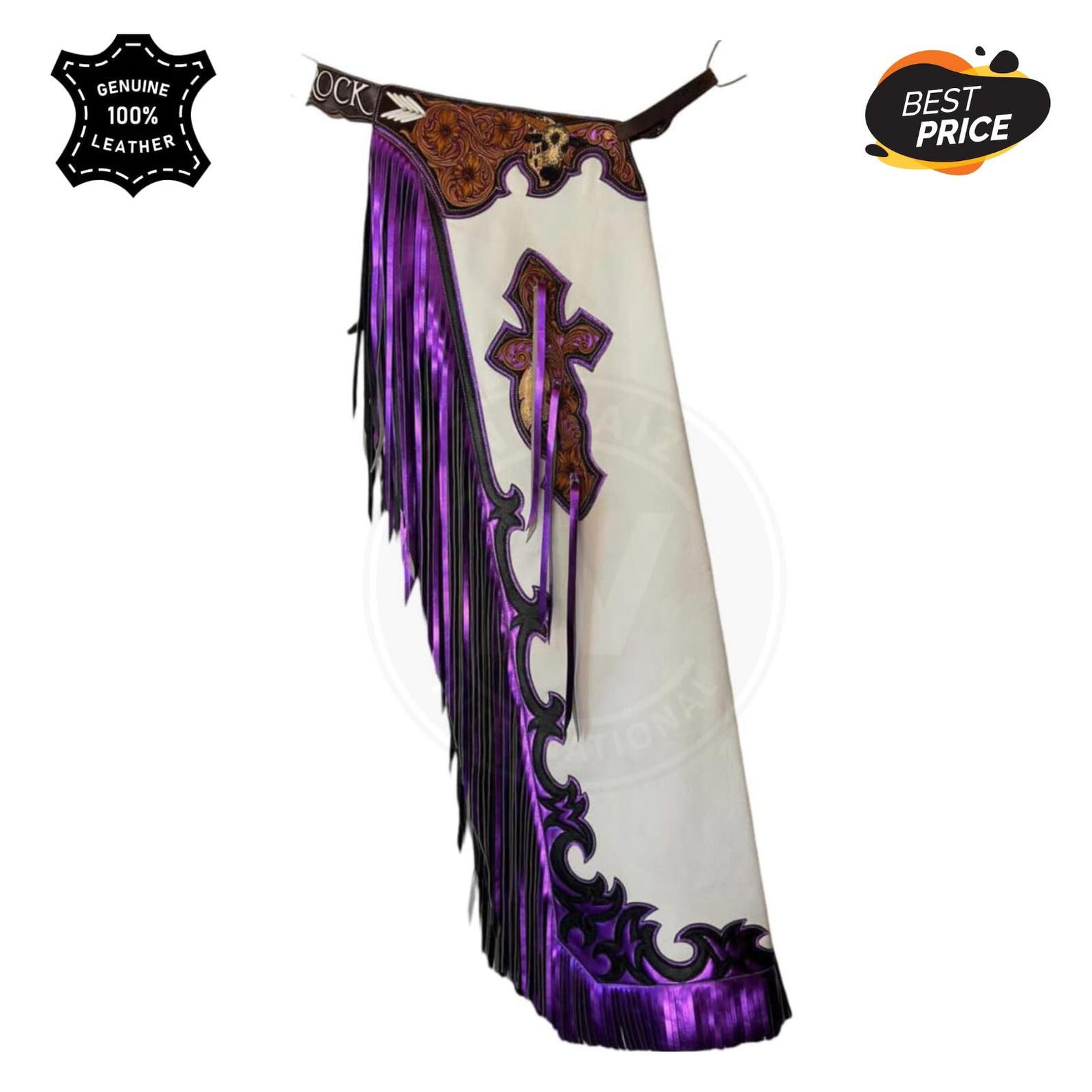 Cowhide Rodeo Chaps Custom Western Rodeo Leather Chaps – White & Purple Fringe Cowhide ...