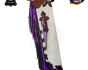 Custom Western Rodeo Leather Chaps – White & Purple Fringe Cowhide Horse Riding Chaps with Cross Design