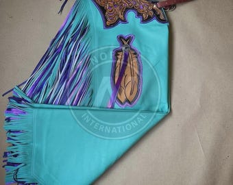 Custom Handmade Tooled Leather Rodeo Chaps – Western Bull Riding Cowboy Gear with Fringe