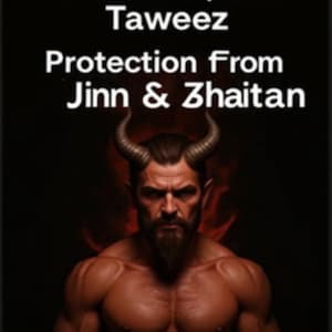 May include: Digital artwork depicting a muscular man with horns and a beard, with the text "Taweez" at the top. Below, the words "Protection From Jinn & Zhaitan" are displayed in white against a dark background.