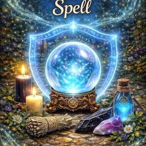 May include: An illustration featuring a glowing crystal ball on a decorative stand, flanked by candles, crystals, and a potion bottle. The words "Protection Spell" are at the top, with a glowing shield shape around the crystal ball.