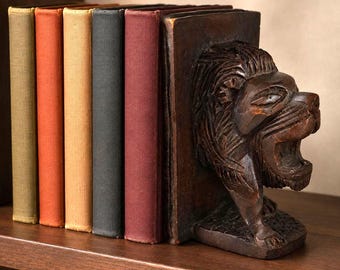 Vintage Hand Carved Wood Roaring Lion Bookend