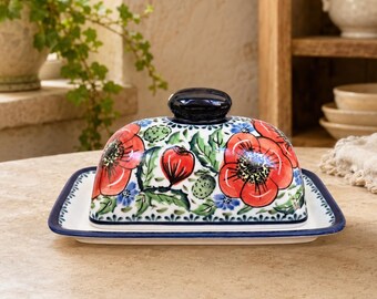 Vintage Unikat Pottery 8″ Butterdose mit Blumenmuster – Hergestellt in Polen