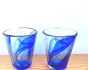 Hand Blown Blue Swirl Glass Tumblers Set of Two