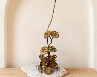 Large Brutalist Lotus Sculpture, MCM Mixed Metal Torch Cut Art, Marble Base