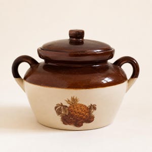 May include: A two-handled ceramic pot with a lid, featuring a glossy dark brown glaze on the upper portion and a cream-colored base. The front displays a detailed brown botanical illustration of a pineapple surrounded by leaves and small fruits.