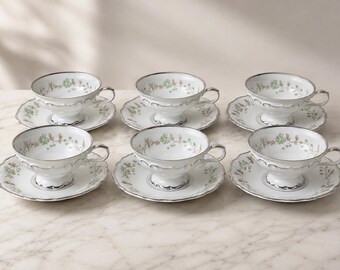 Edelstein Bavaria Orlando Teacup Saucer Set, Green Floral, Silver Trim (Set of 6)