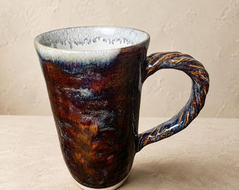 Signed Studio Pottery Mug, Twisted Vine Handle, Brown Blue Drip Glaze Stoneware Coffee Cup