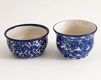 Blue Spongeware Pottery Apple Bakers Set of Two