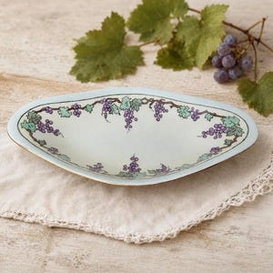 Antique Hand Painted Porcelain Relish Tray, Signed H M Kohn Grape Vine Dish, Art Nouveau Serveware