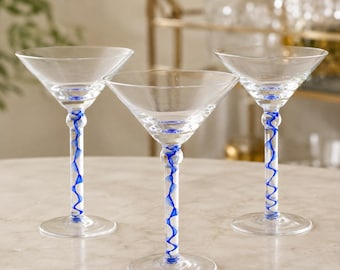 Vintage Handblown Blue Swirl Martini Glasses Set