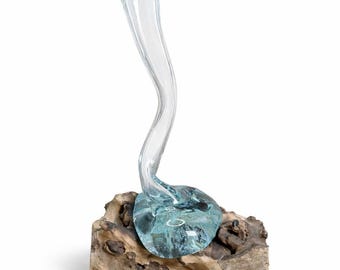 Hand Blown Art Glass Vase on Driftwood Base – Organic Modern Coastal Decor
