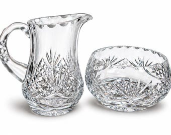 Vintage Cut Crystal Creamer and Sugar Bowl Set, Starburst Pattern Glass, Elegant Coffee Bar or Tea Serving Set