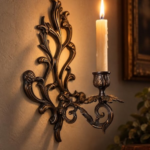 Ornate Cast Metal Wall Candle Sconce | Acanthus Scroll, Bronze Brass Tone (Made in India)