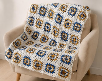 Vintage Blue Gold Granny Square Crochet Afghan Throw