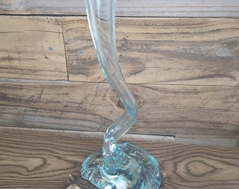 Hand Blown Sculptural Art Glass Vase on Natural Wood Base, Organic Modern Decor