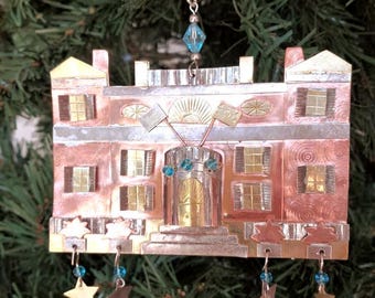 Vintage Handmade Copper Colonial House Christmas Ornament with Stars