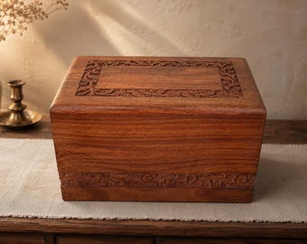 Hand Carved Wooden Sliding Lid Keepsake Urn Box