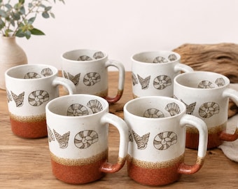 Vintage Otagiri Seashell Stoneware Mugs Set of 6 1970s Japan Coastal Coffee Cups