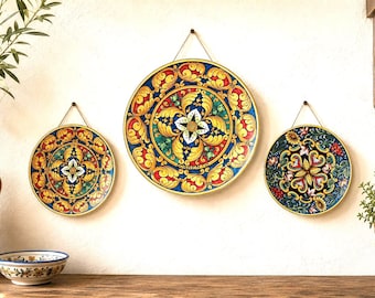 Vintage Sorrento Italy Hand Painted Ceramic Wall Plates Set of 3 Mediterranean Decor