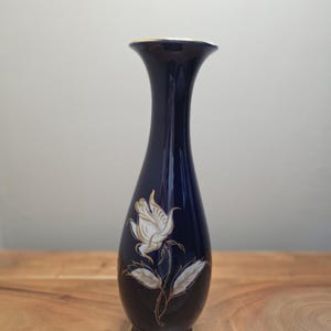 Vintage Bavaria Echt Cobalt Vase – 8” German Porcelain – Blue & Gold Floral Mid Century Decor