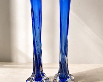 Vintage Cobalt Blue Elephant Foot Twisted Art Glass Bud Vases Pair 11” MCM