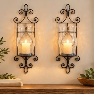Crackle Glass Wall Sconces Pair Black Scroll Metal