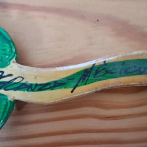 Op de afbeelding: Een houten decoratief stuk met groene bladeren en een gele en groene streep. Het stuk heeft de handgeschreven tekst "Kalanza Mexico" in zwarte inkt. De achtergrond is een lichtbruin houten oppervlak.
