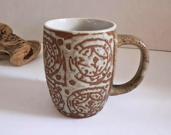Vintage Speckled Stoneware Mug With Boho Medallions