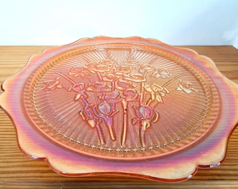 Vintage Iridescent Carnival Glass Floral Plate Orange Marigold Scalloped Decorative Dish