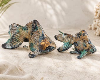 Pair of Distressed Cast Metal Koi Fish Sculptures, Asian Style Decor