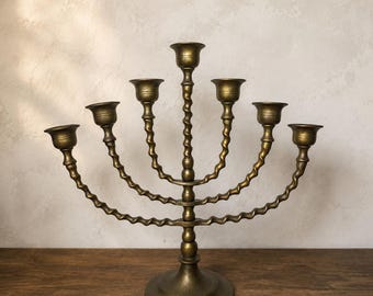 Vintage Solid Brass 7 Arm Rotating Menorah/Candelabra, Swivel Candle Holder, Twisted Bamboo Design