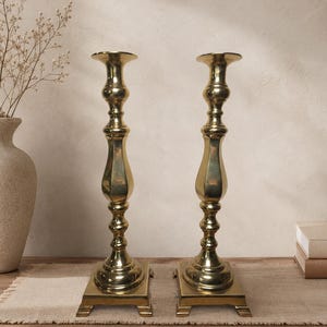 Very Tall (17.5") Vintage Brass Candlesticks, Neoclassical Taper Holders, Square Base Mantel Decor
