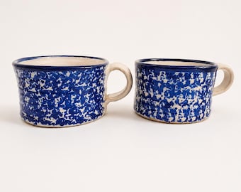 Signed Blue Spongeware Studio Pottery Large Soup Mugs Pair