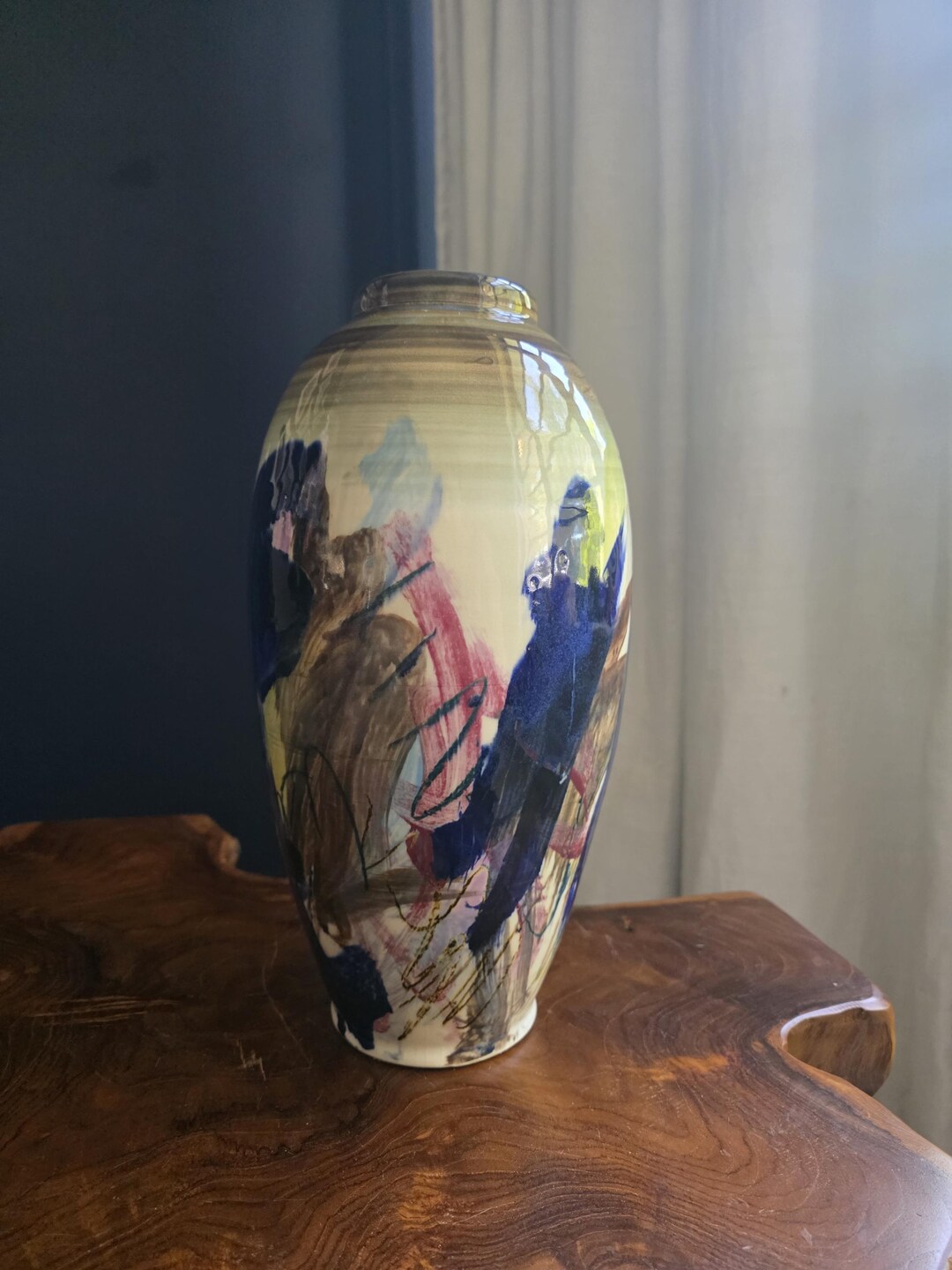 Vintage Signed Studio Pottery Vase – Abstract Blue Drip Glaze – Hand ...