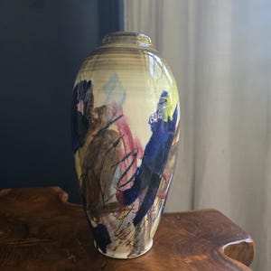 Vintage Signed Studio Pottery Vase – Abstract Blue Drip Glaze – Hand-Thrown Ceramic Art Decor