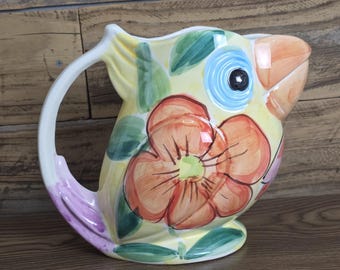 Vintage Italian Toucan Pitcher – Large Hand Painted Ceramic