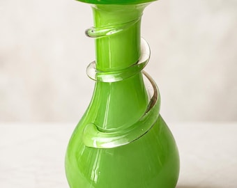 Vintage Lime Green Cased Art Glass Bud Vase Clear Ribbon Empoli Style MCM Decor