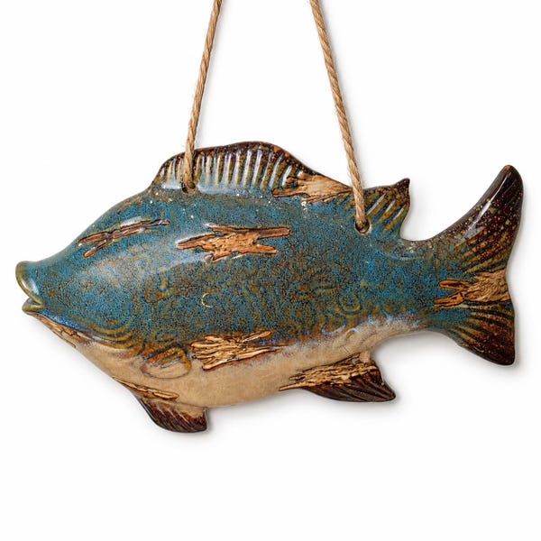 Ceramic Fish Wall Hanging, Blue Glazed Coastal Pottery Fish Decor, Rustic Beach House Wall Art, Nautical Lake House Decor