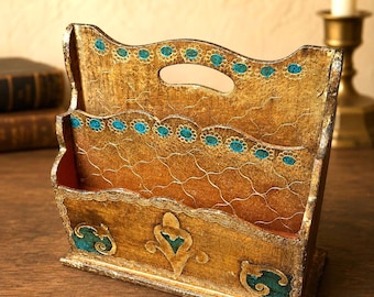 Vintage Italian Florentine Letter Holder Gold Turquoise Desk Organizer