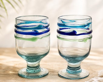 Set of 2 Vintage Mexican Hand Blown Glass Goblets – Blue Green Swirl Pedestal Glasses
