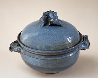 Signed Blue Floral Lidded Studio Pottery Bowl