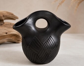Signed Jackson Cherokee NC Black Pottery Wedding Vase Native American Handcrafted Ceramic