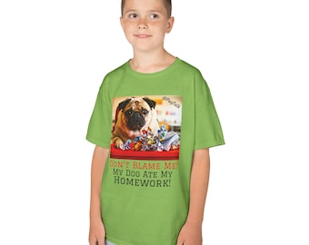 Funny Kids T-Shirt – Dog Ate My Homework, Pug Print Tee