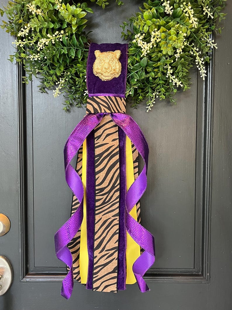 LSU velvet wreath sash in purple and gold