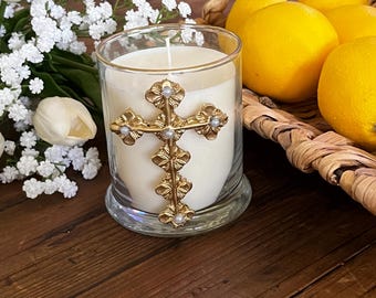Hand-Painted Gold Cross Soy Candle, Round Glass Faith Decor