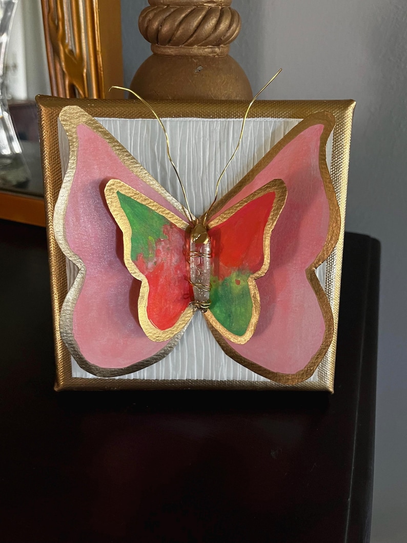 Handmade butterfly watercolor and crystal art on canvas